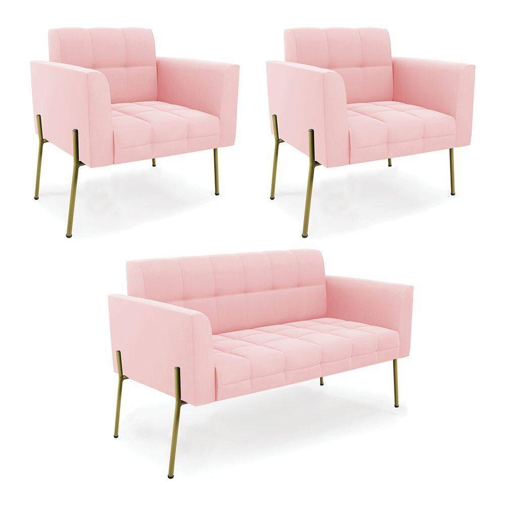 Sofá Namoradeira E 2 Poltronas Pé De Ferro Dourado Elisa Suede D03 - D`rossi Cor Rosa Bebê