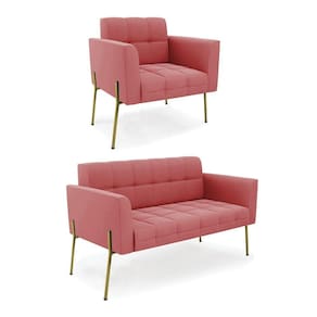 Sofá Namoradeira E Poltrona Pé De Ferro Dourado Elisa Suede D03 - D`rossi Cor Rose