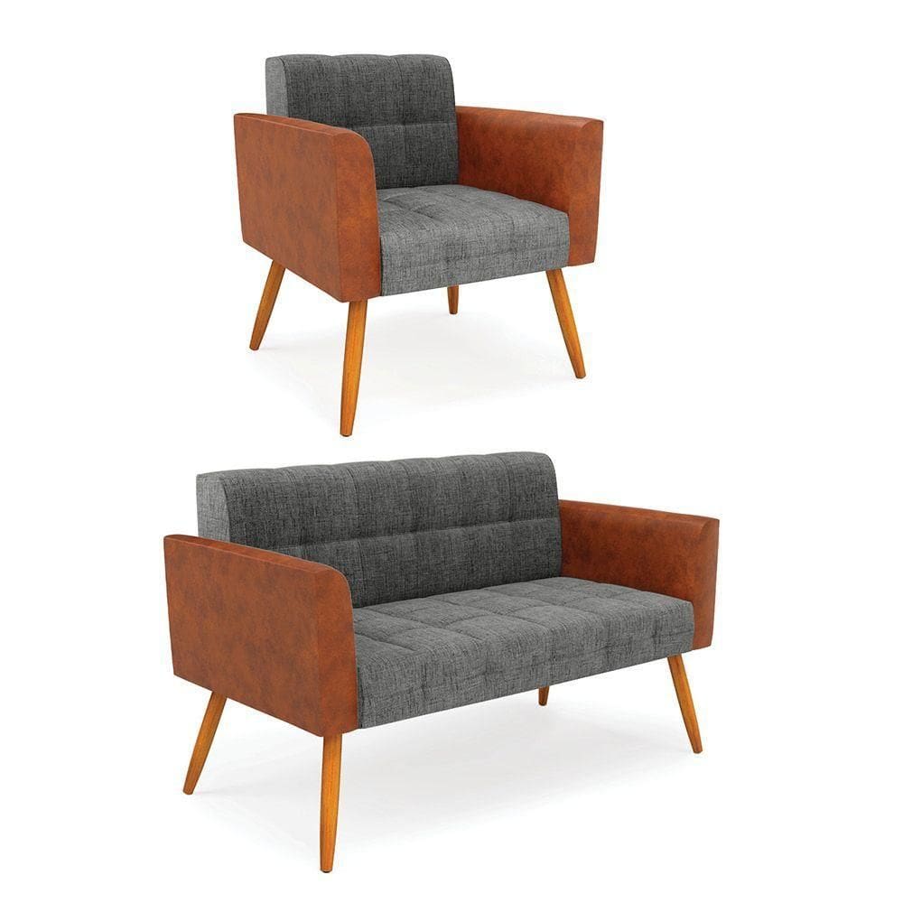 Sofá Namoradeira E Poltrona Pés Palito Castanho Elisa Nozes-linho Grafite A26 D03 - D`rossi