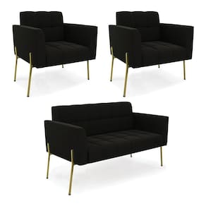 Sofá Namoradeira E 2 Poltronas Pé De Ferro Dourado Elisa Suede Preto D03 - D`rossi