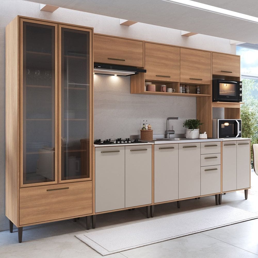Cozinha Modulada Completa 6 Peças com Cristaleira 12 Portas 3 Gavetas Jade Freijo/Arenas