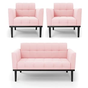 Sofá Namoradeira E 2 Poltronas Base De Madeira Preto Elisa Suede Rosa Bebê D03 - D`rossi