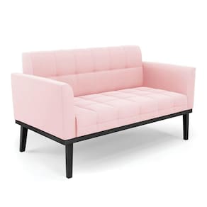 Sofá Namoradeira 2 Lugares Base De Madeira Preto Elisa Suede Rosa Bebê D03 - D`rossi