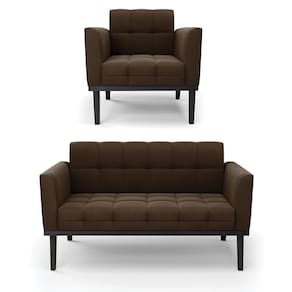 Sofá Namoradeira E Poltrona Base De Madeira Preto Elisa Suede Marrom D03 - D`rossi
