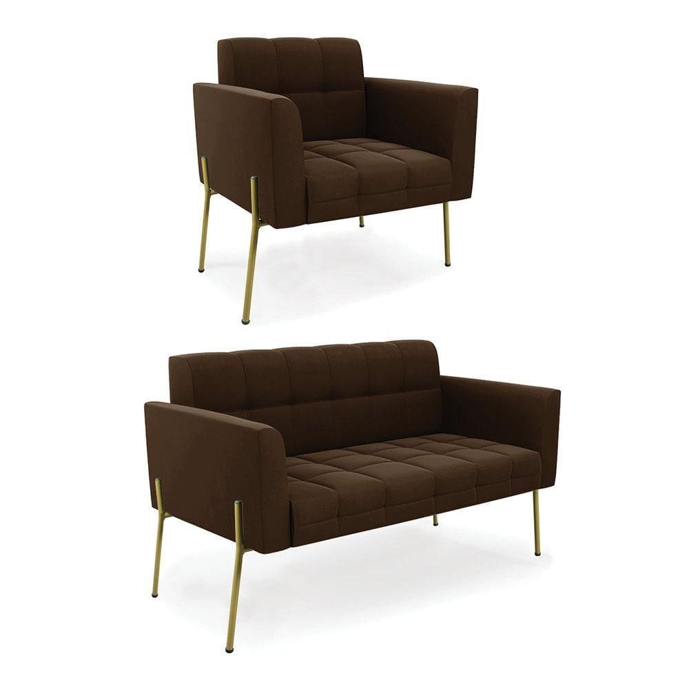Sofá Namoradeira E Poltrona Pé De Ferro Dourado Elisa Suede Marrom D03 - D`rossi