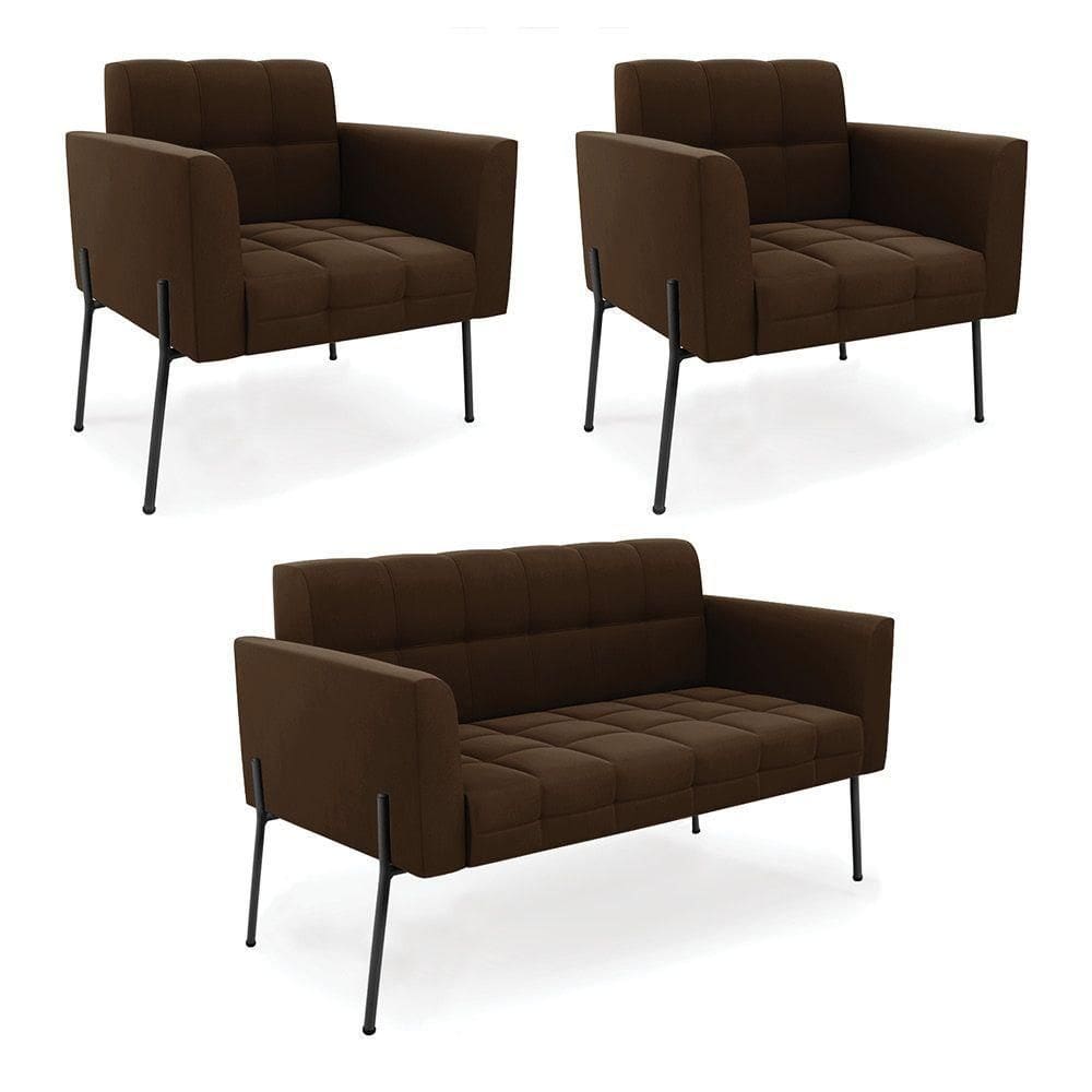 Sofá Namoradeira E 2 Poltronas Pé De Ferro Preto Elisa Suede Marrom D03 - D`rossi