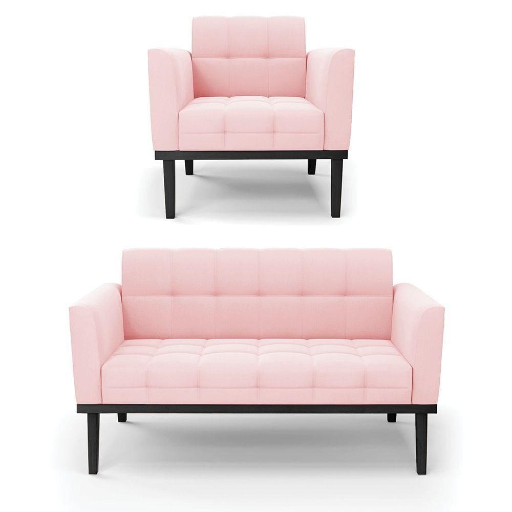 Sofá Namoradeira E Poltrona Base De Madeira Preto Elisa Suede Rosa Bebê D03 - D`rossi