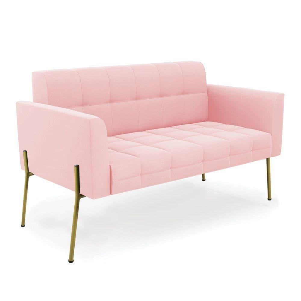 Sofá Namoradeira 2 Lugares Pé De Ferro Dourado Elisa Suede Rosa Bebê D03 - D`rossi