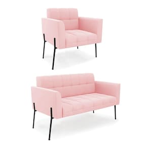 Sofá Namoradeira E Poltrona Pé De Ferro Preto Para Sala Elisa Suede Rosa Bebê D03 - D`rossi
