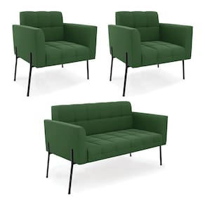 Sofá Namoradeira E 2 Poltronas Pé De Ferro Preto Elisa Suede Verde D03 - D`rossi