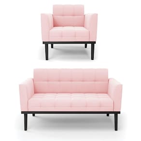 Sofá Namoradeira E Poltrona Base De Madeira Preto Elisa Suede D03 - D`rossi Cor Rosa Bebê