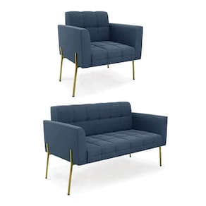 Sofá Namoradeira E Poltrona Pé De Ferro Dourado Elisa Suede D03 - D`rossi Cor Azul Marinho
