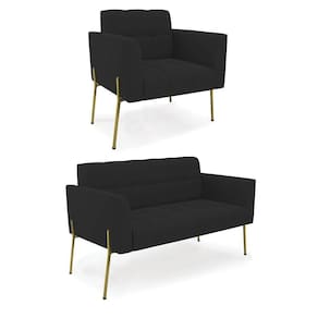 Sofá Namoradeira E Poltrona Base Pé De Ferro Dourado Elisa Veludo D03 - D`rossi Cor Preto