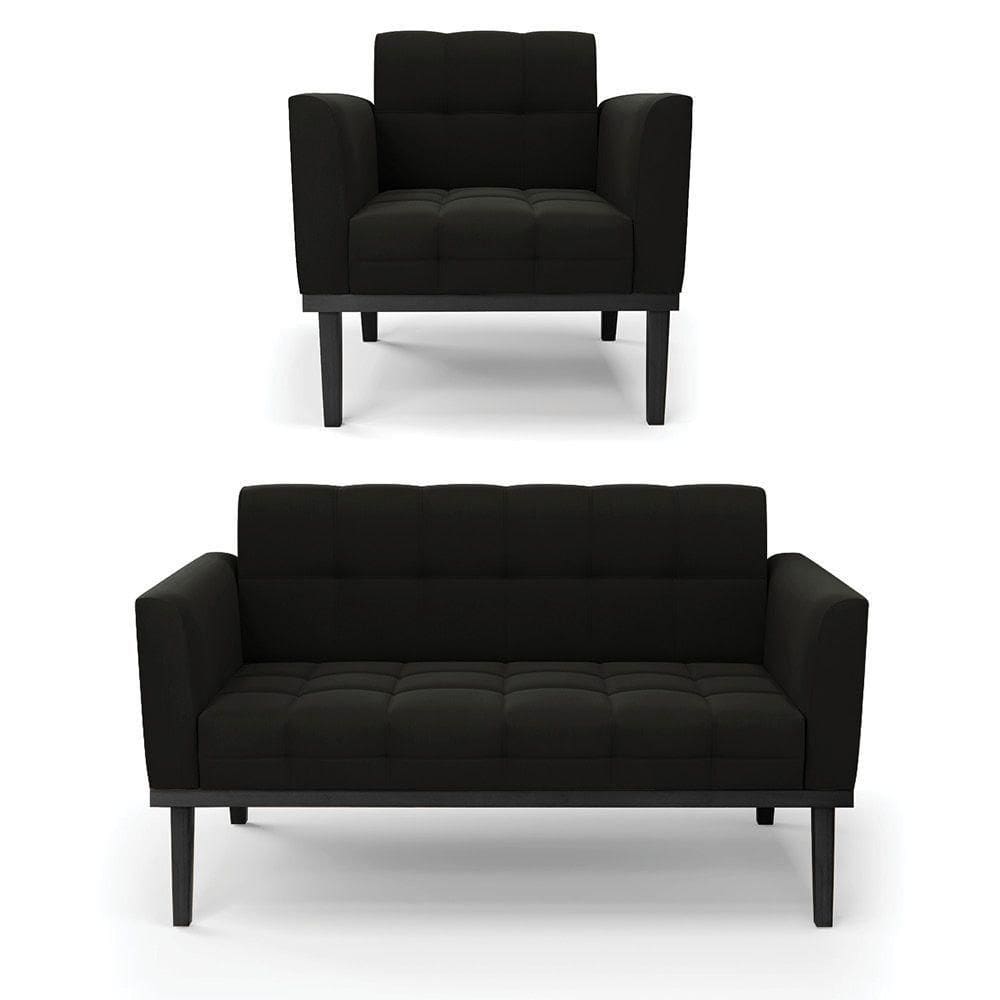 Sofá Namoradeira E Poltrona Base De Madeira Preto Elisa Suede Preto D03 - D`rossi