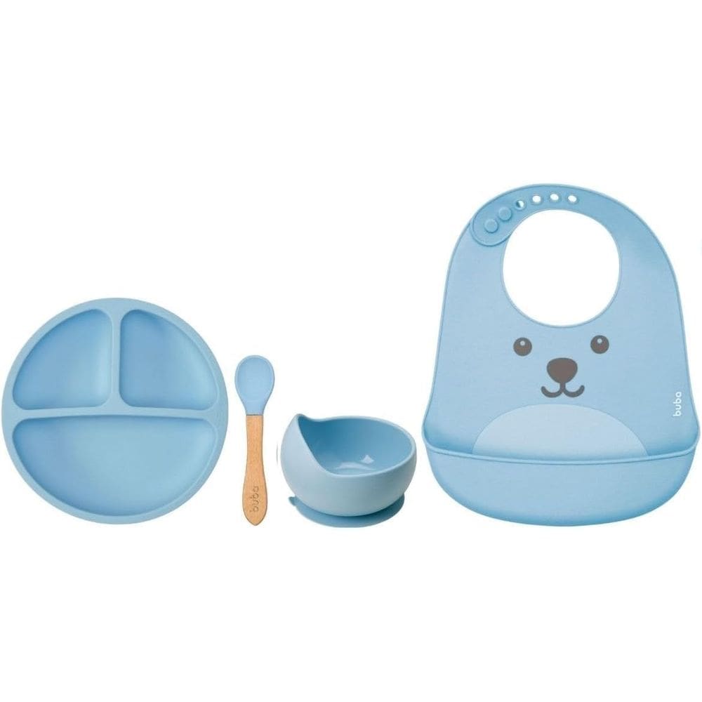 Kit Refeicao Infantil 4 Pecas Em Silicone Azul - Buba
