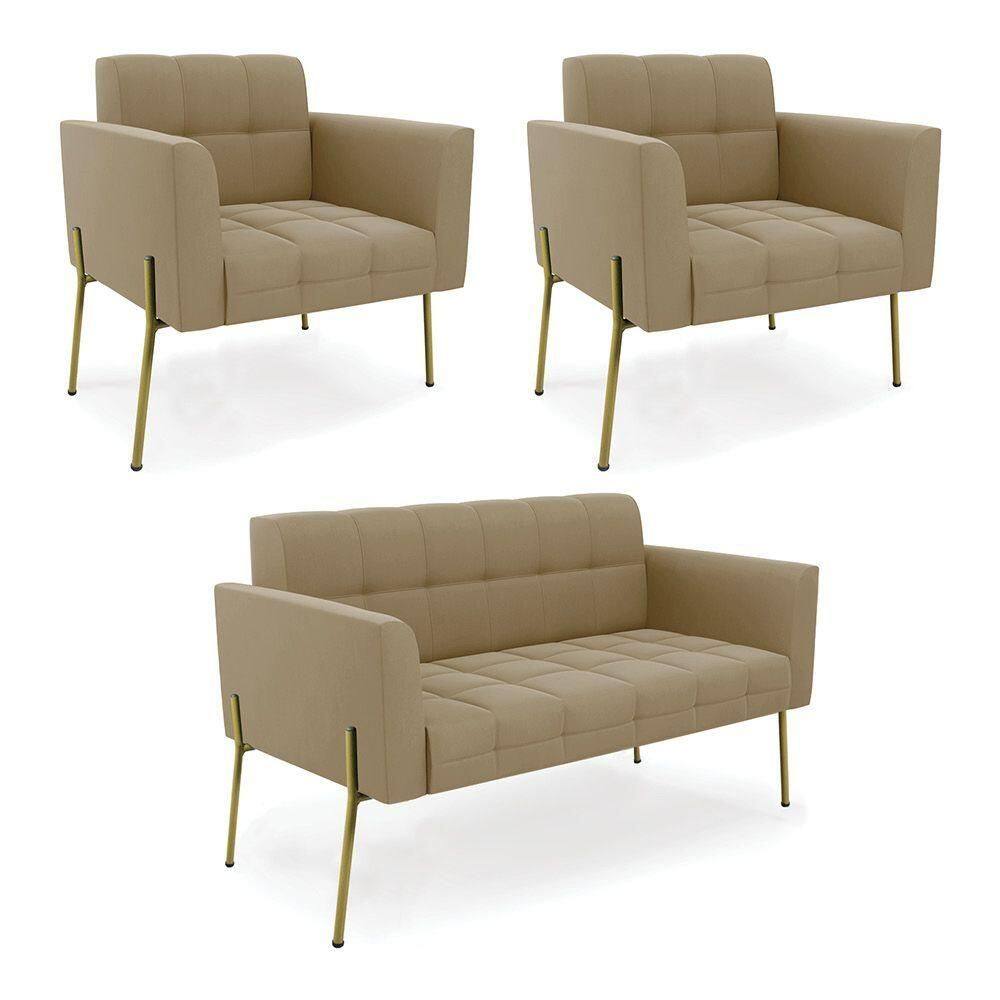 Sofá Namoradeira E 2 Poltronas Pé De Ferro Dourado Elisa Suede D03 - D`rossi Cor Marrom Rato