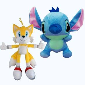 02 Brinquedos Pelucia Stitch 28cm e Tails 35cm Antialergico Bordado