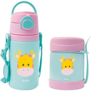 Kit Pote Térmico Girafa Bebê Buba e Garrafa de Alumínio Girafa Com Canudo de Silicone Buba