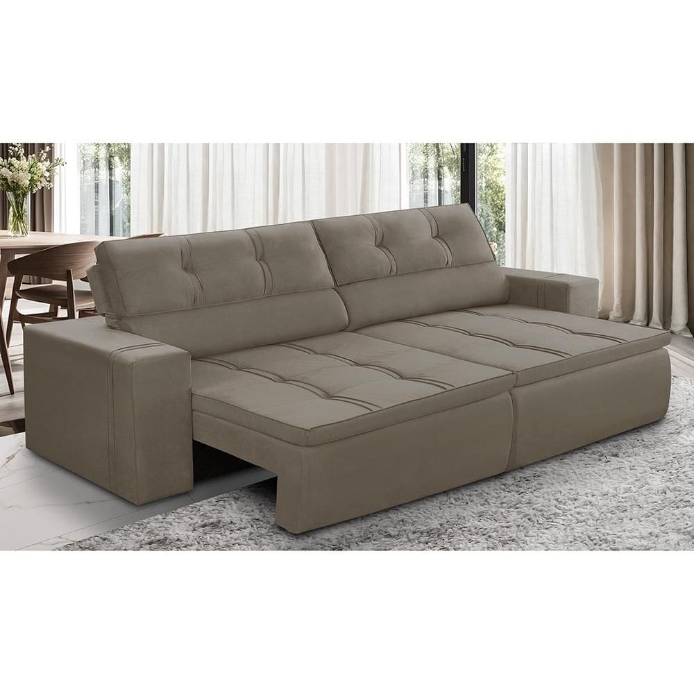 Sofá Retrátil e Reclinável 3 lugares 2,10m com Molas Stella Suede Capuccino Adonai Estofados