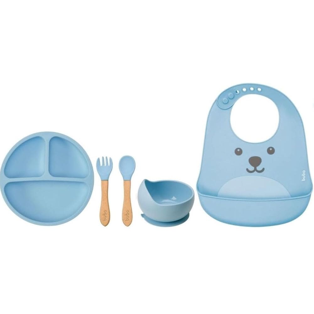 Kit Pratinho + Bowl + Babador + Talheres Em Silicone Azul - Buba