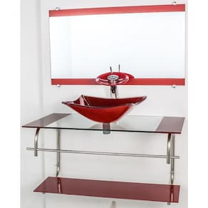 Gabinete De Vidro Inox 90cm Cuba Quadrada Vermelho Cereja