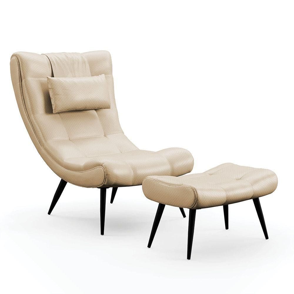 Kit 01 Poltrona E 01 Puff Sher Facto Bege Pés Palito De Ferro - D`rossi