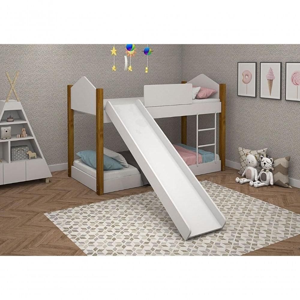 Beliche Infantil/Juvenil Luiza Branco/Mel Com Pés De Madeira Com Escorregador