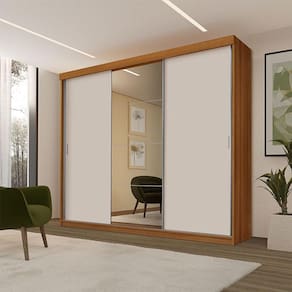 Guarda Roupa Casal Ambiente Ímola 3 Portas de Correr com Espelho Carvalho Off White Pina - Luapa