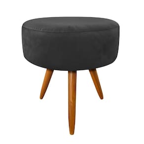 Puff Banqueta Berlim Redondo Suede Preto Pés Castanho