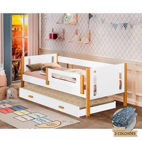 Cama De Criança Infant Solteiro Mirela Com Cama Auxiliar E Acompanha Colchões Branco