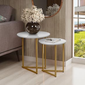 Conjunto De Mesa Lateral Jade Sala Estar Pé De Aço Dourado