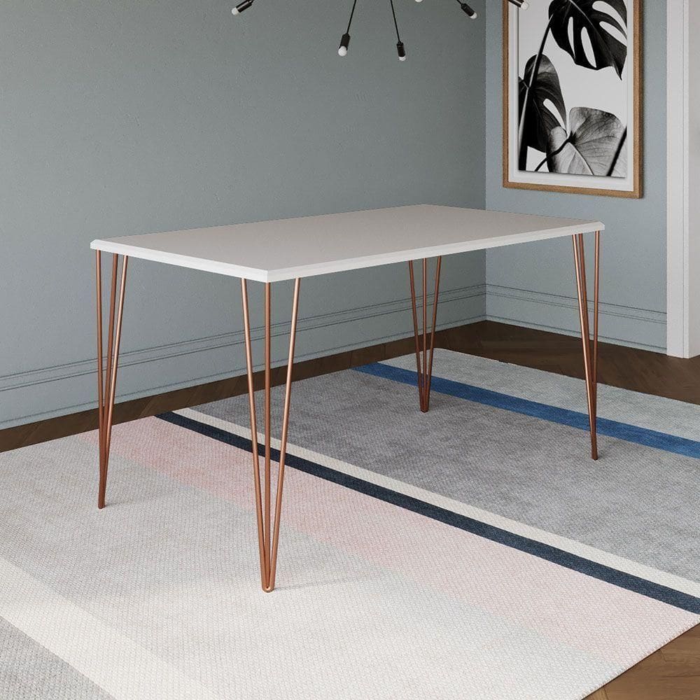Mesa De Jantar Elen 140x80cm Tampo Branco Com Base Cobre - Cor: Marrom