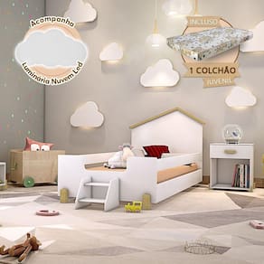 Cama De Criança Infantil Com Colchão E Escadinha Juvenil Ayla Branca E Natural Acompanha Luminária Branco