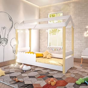 Cama Montessoriana Infantil Casinha Solteiro Jhulia Grade Branca Branco E Natural Branco