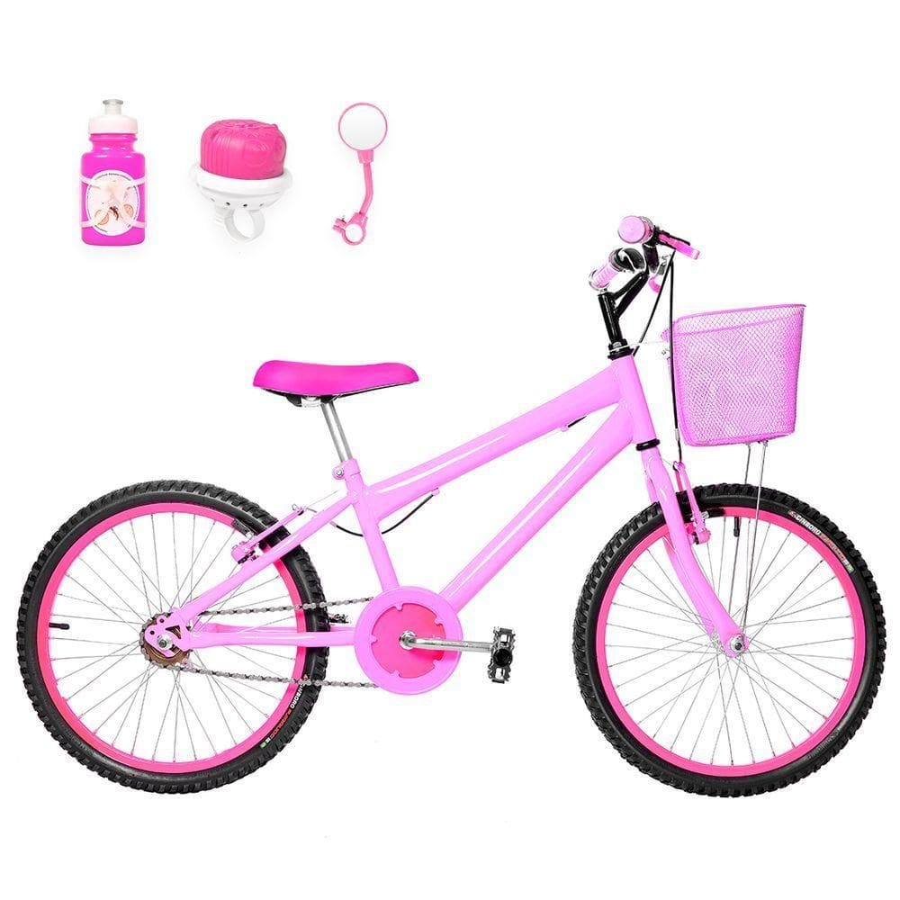 Bicicleta Infantil Feminina Aro 20+Kit Passeio Rosa e Pink