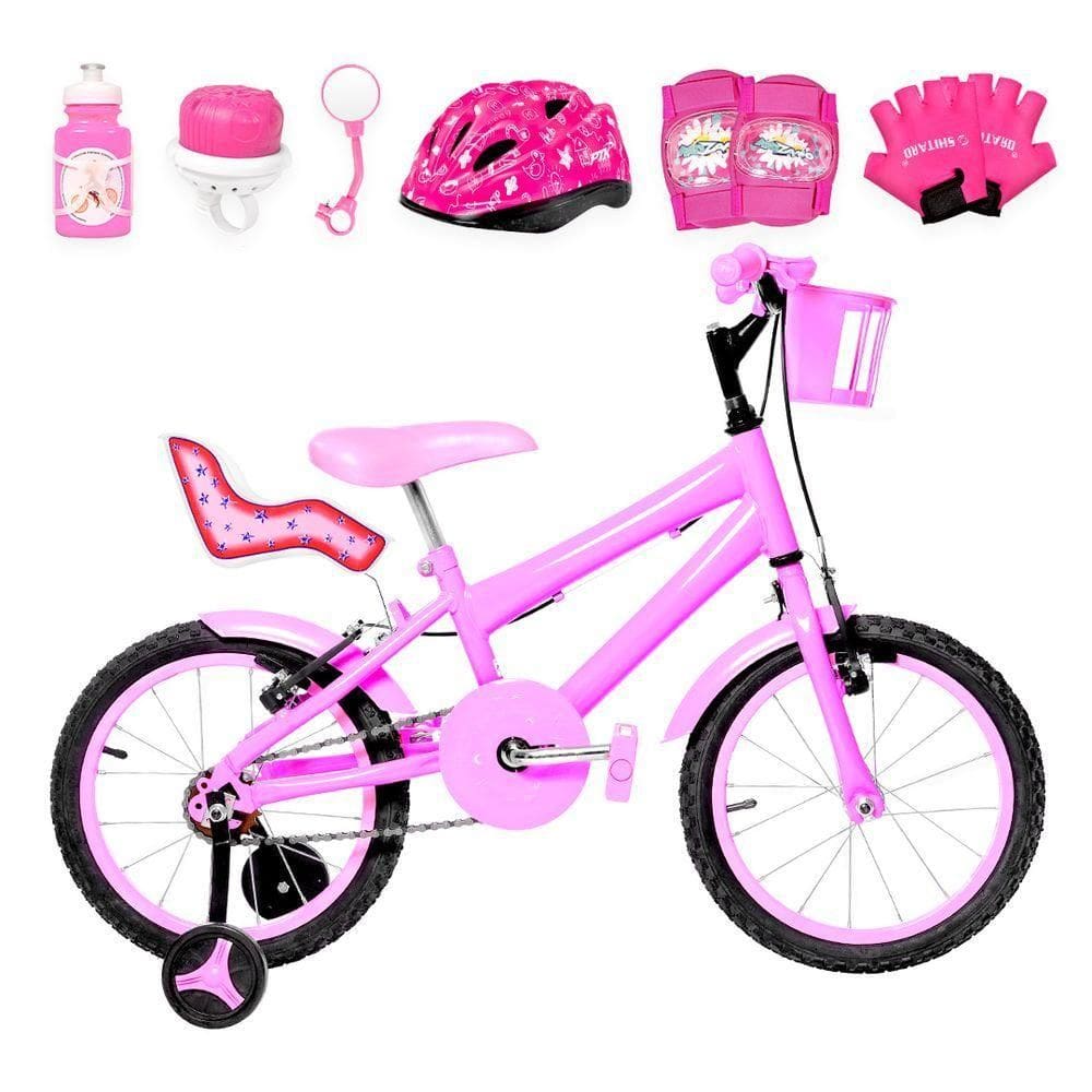 Bicicleta Infantil Feminina Aro 16 Alumínio Kit Premium Rosa