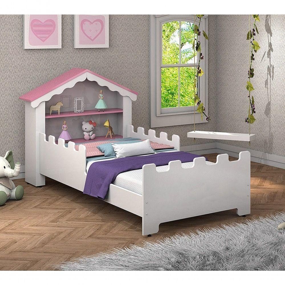 Cama Solteiro Princesa Com Colchão Branco/Rosa- Vitamov
