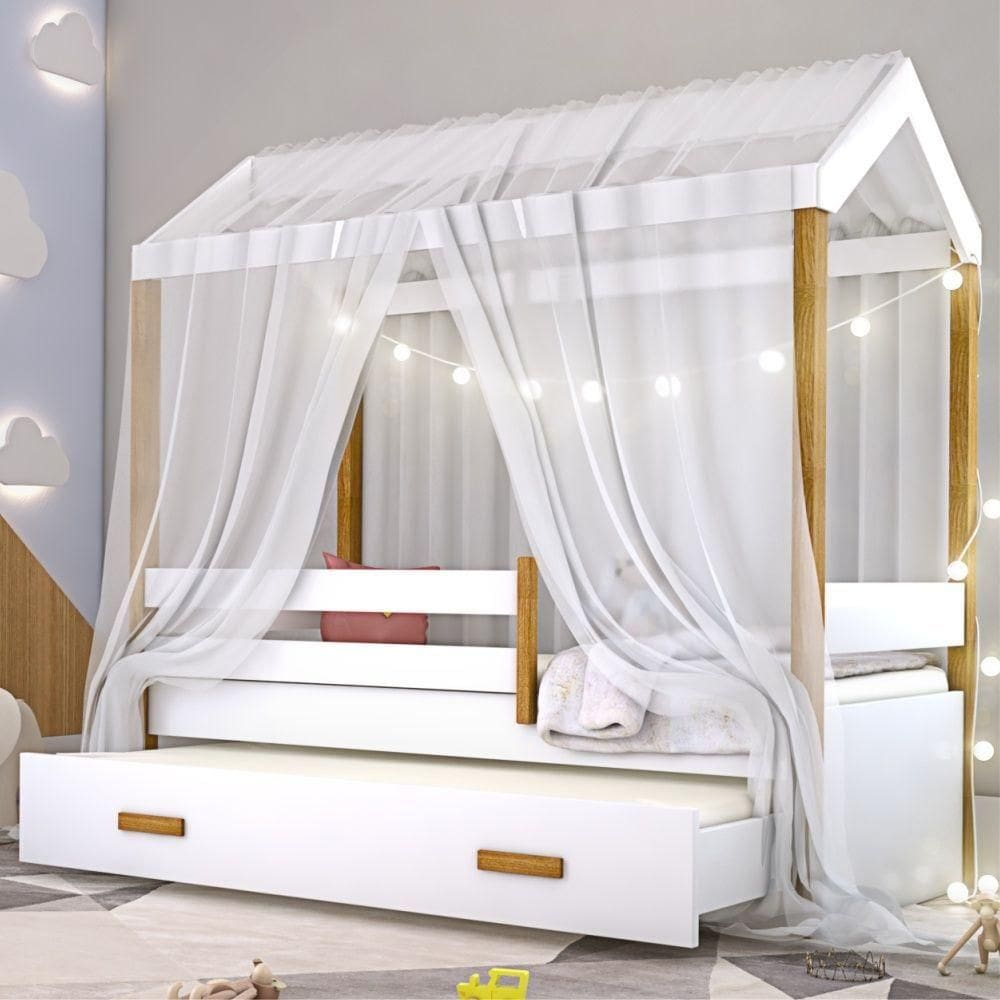 Bicama Montessori Exclusiv Fio De Luz Colchão E Voal Branco