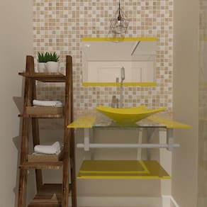 Gabinete De Vidro 60cm C/Cuba Quadrada Amarelo+Torneira