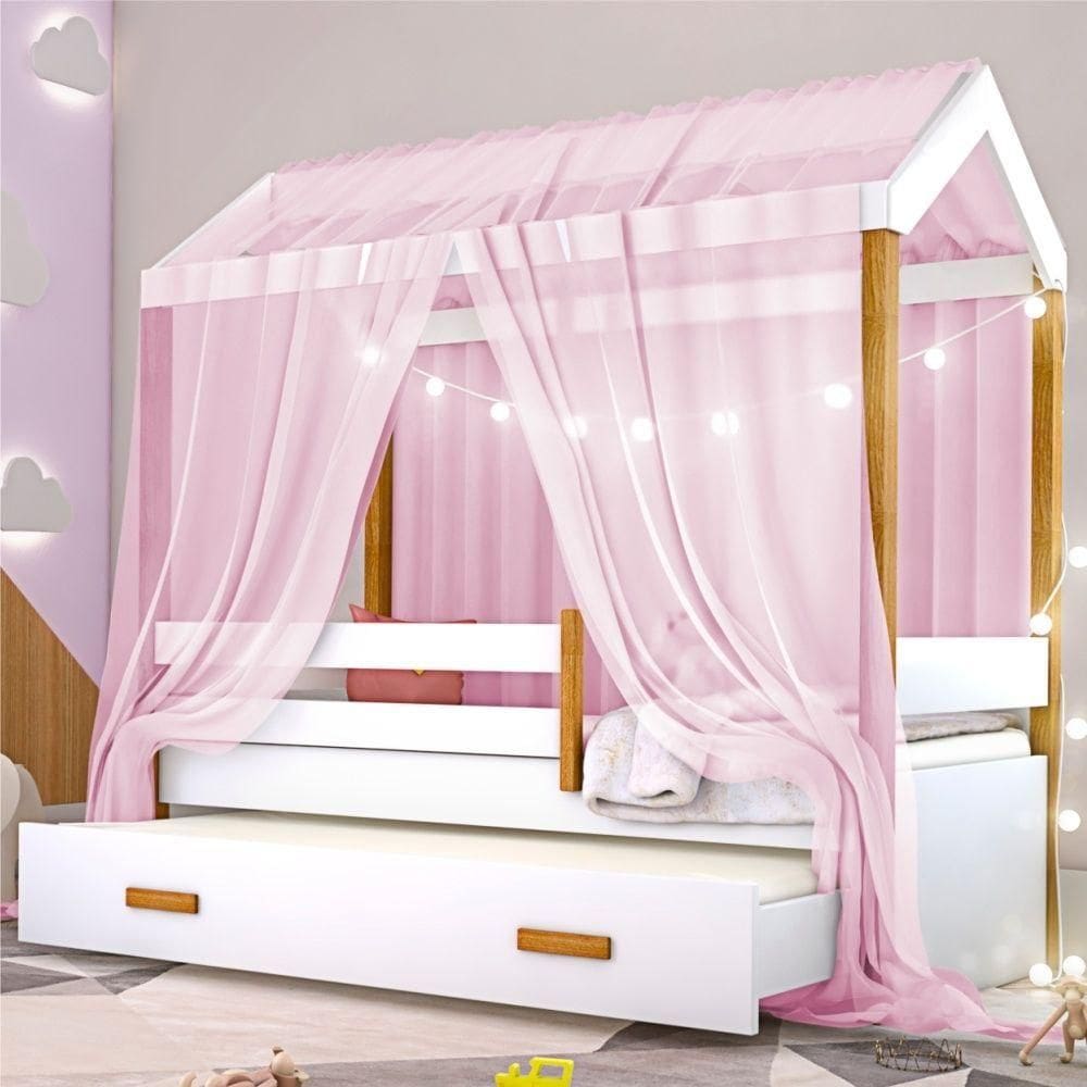 Bicama Montessori Exclusiv Fio De Luz Colchão E Voal Rosa