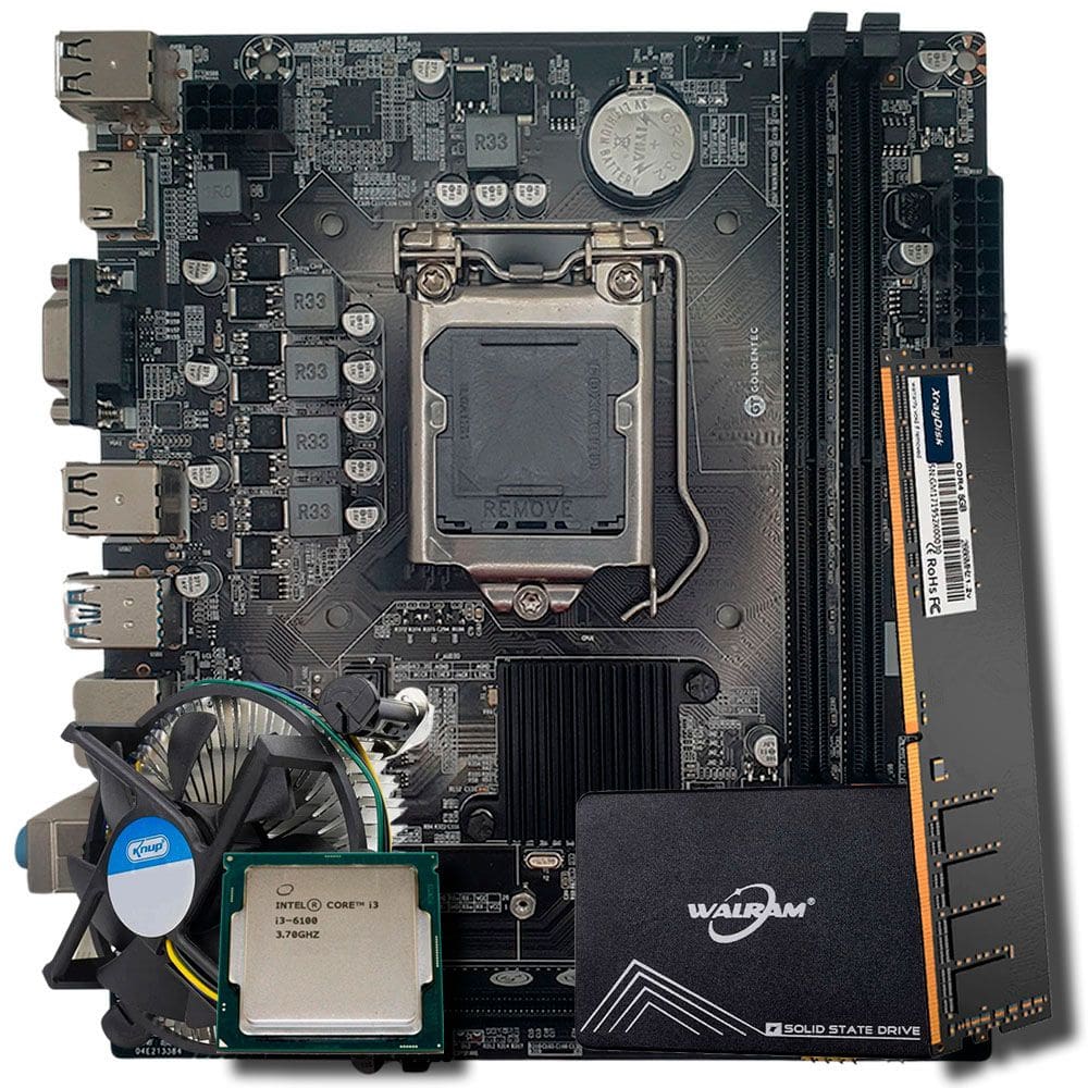 Kit Placa Mãe H110 Com Cooler 1151, Processador i3-6100, Memória RAM 8GB DDR4, SSD 256GB