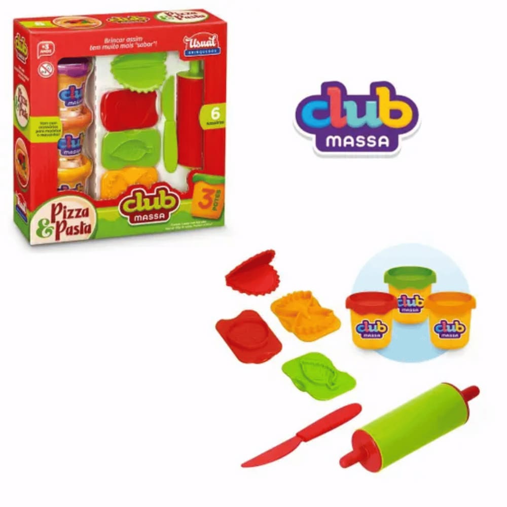 Club Massa De Modelar Pizza E Pasta Kit 3 Potes E Rolo Usual Brinquedos