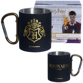 Caneca Hogwarts Aço Inox Preta E Dourada Com Mosquetão Oficial Harry Potter