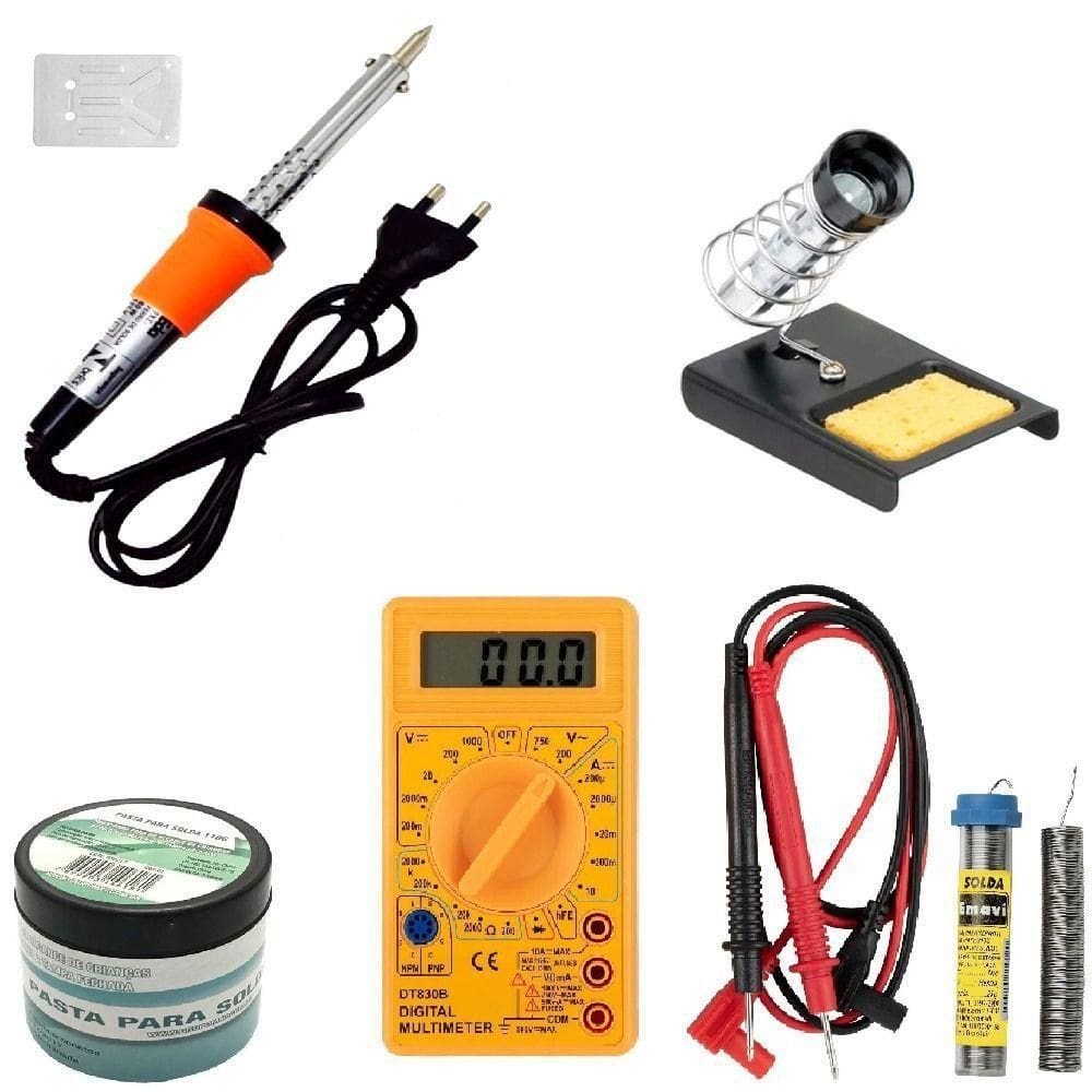 Kit Ferro De Solda Multímetro Suporte Pasta Tubete 55w 110v