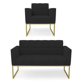Kit 1 Sofá Namoradeira E 1 Poltrona Veludo Base Metálica Industrial Dourado - D\`rossi Cor Preto