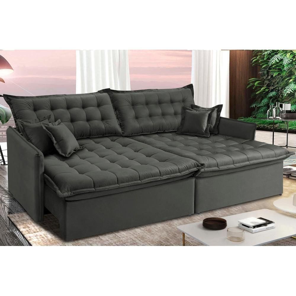 Sofá Sem Caixa Retrátil Reclinável 2,75m Cama Inbox Versátil Com Pillow Top E Molas Velusoft Cinza