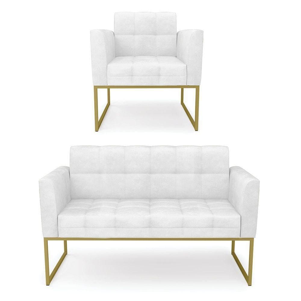 Kit 1 Sofá Namoradeira E 1 Poltrona Elisa Corano Base Metálica Industrial Dourado - D`rossi Cor Branco