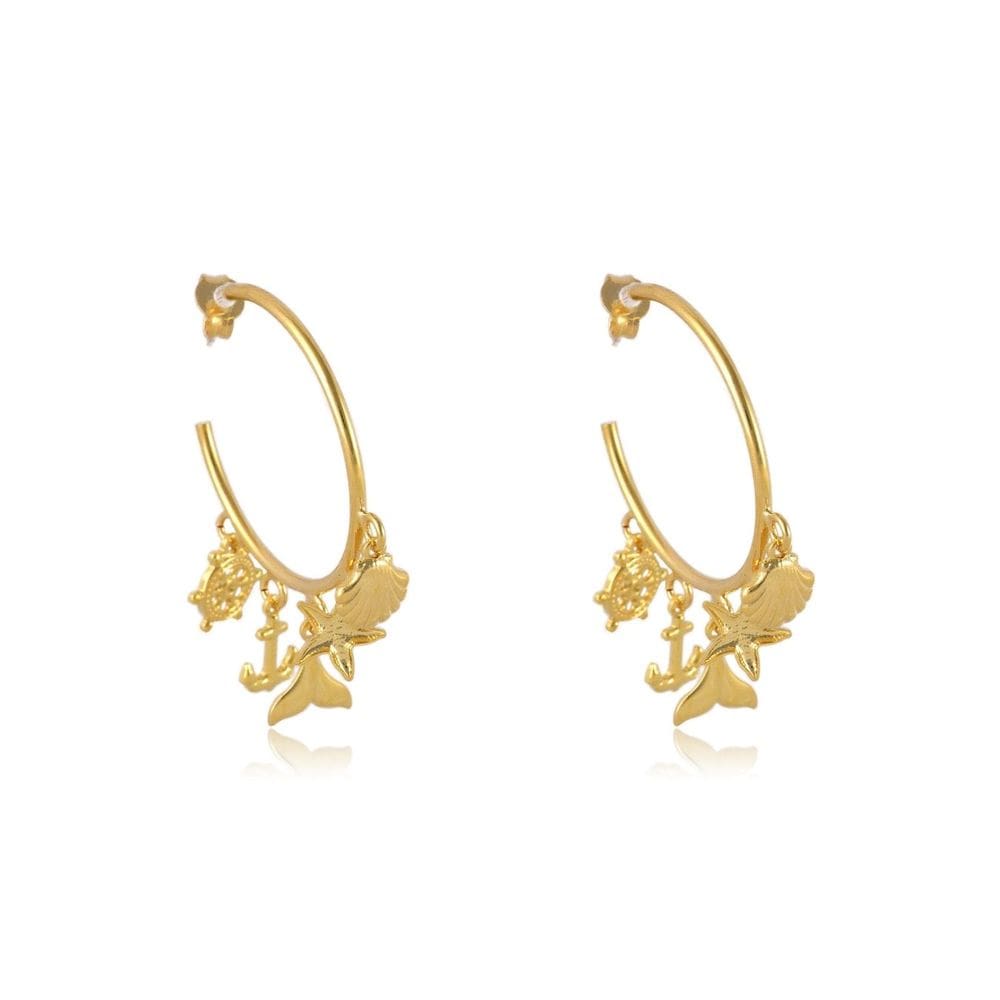 Brinco Argola Médio Com Pingente Marinho Banhado Em Ouro 18k
