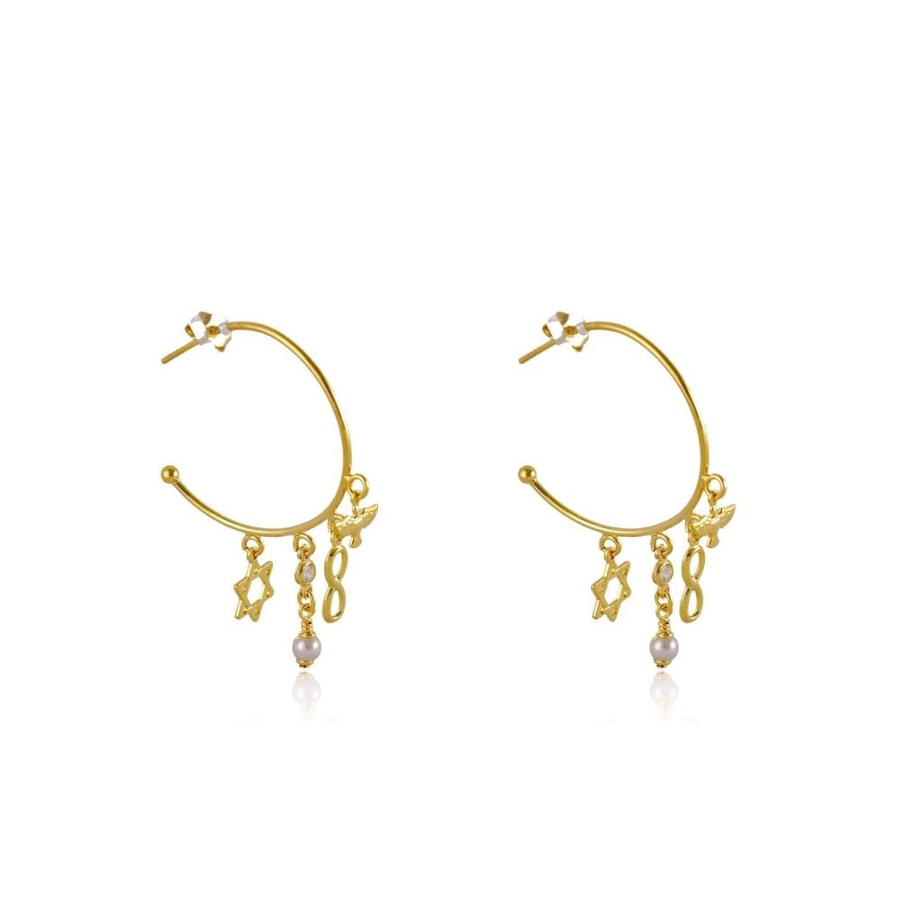 Brinco Argola Médio Com Pingente Esotéricos Banhado Em Ouro 18k