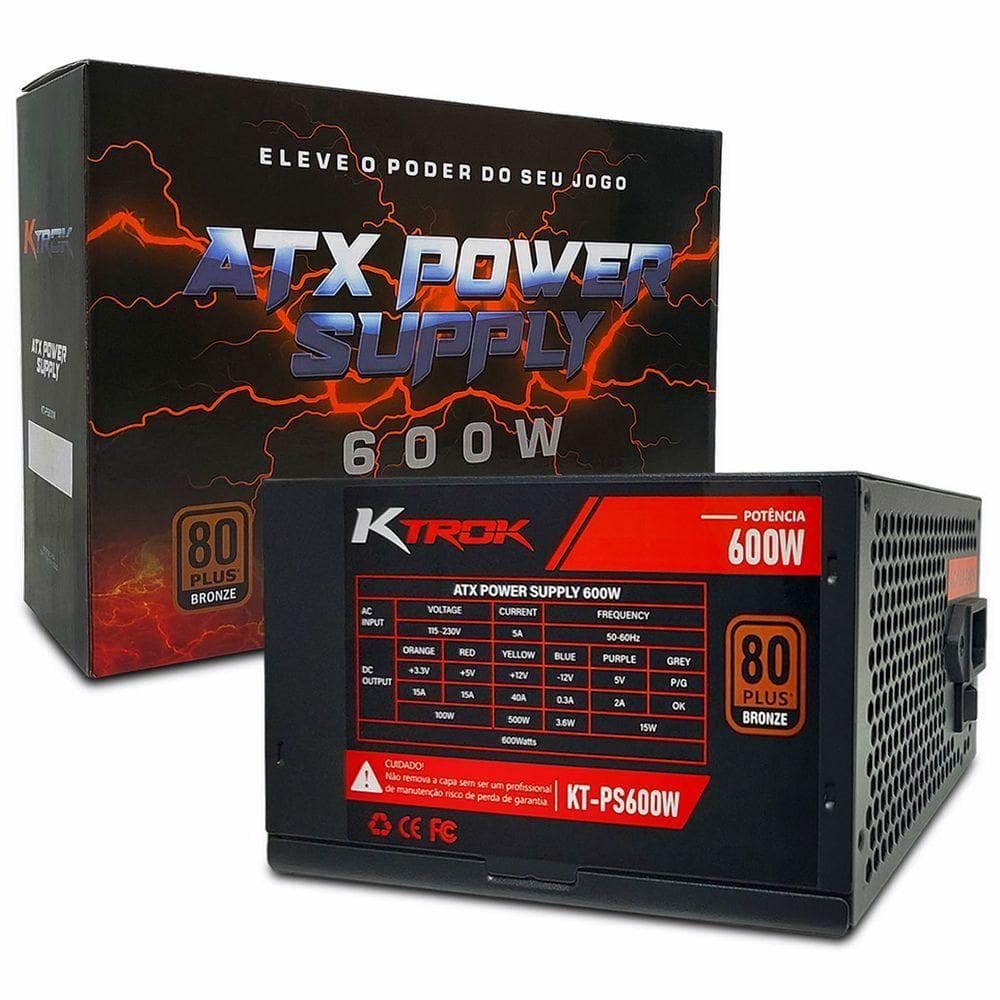 Fonte Gamer Atx Ktrok 600w, 80 Plus Bronze, Pfc Ativo, Bivolt Automático - Kt-ps600w